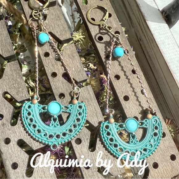 Alquimia Jewelry - SHOULDER DUSTER + TURQUOISE Blue and brass Dangle Earrings with Intricate Design